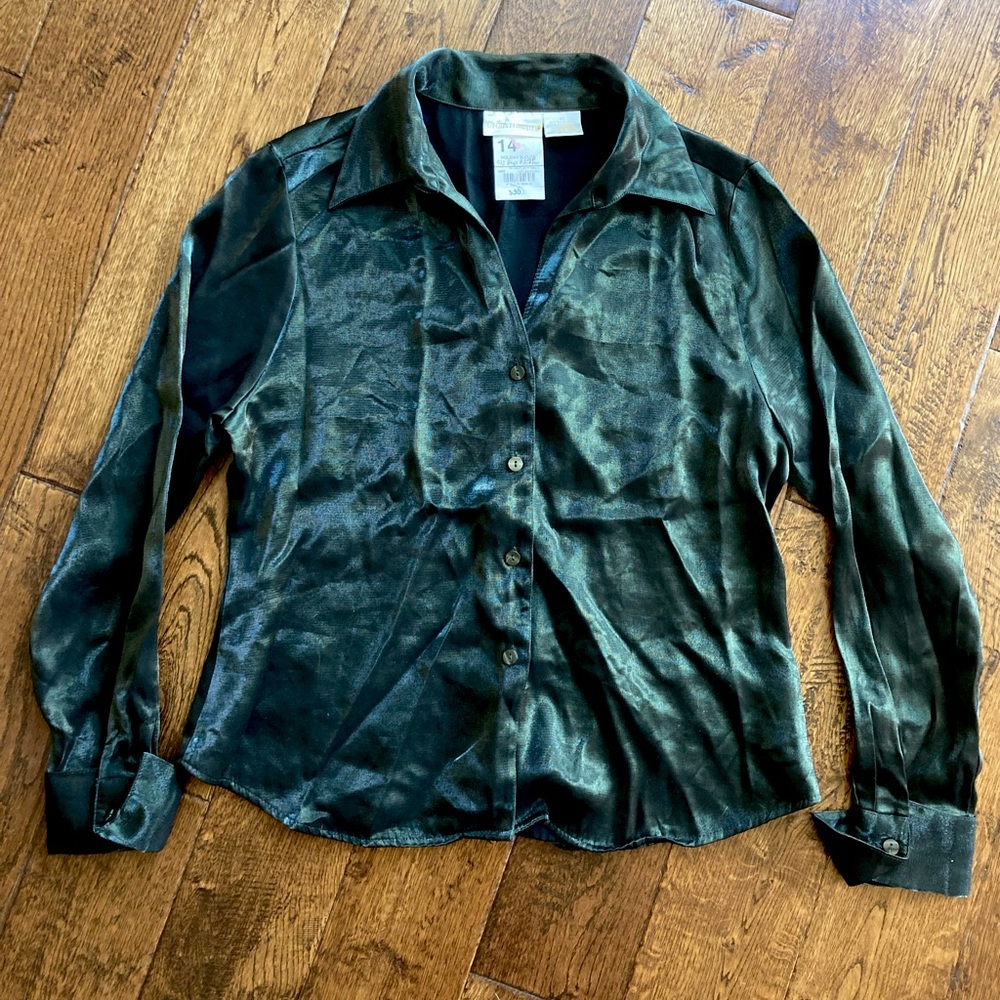 Vintage Christie & Jill Dark Green Holiday Dress Shirt | Women’s 14